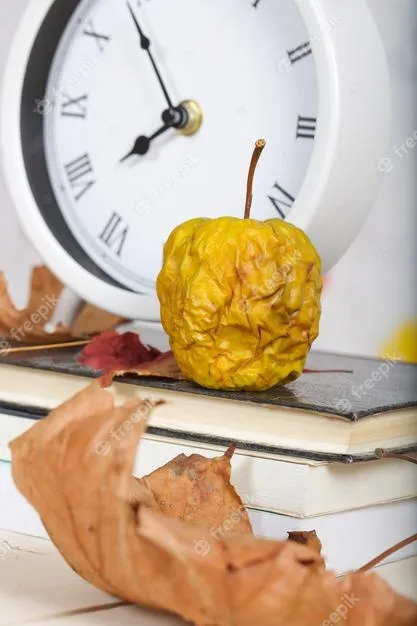 Illustrazione con un orologio da tasca antico e una mela marcia accanto: metafora dell'invecchiamento cellulare e della mela marcia nel cesto